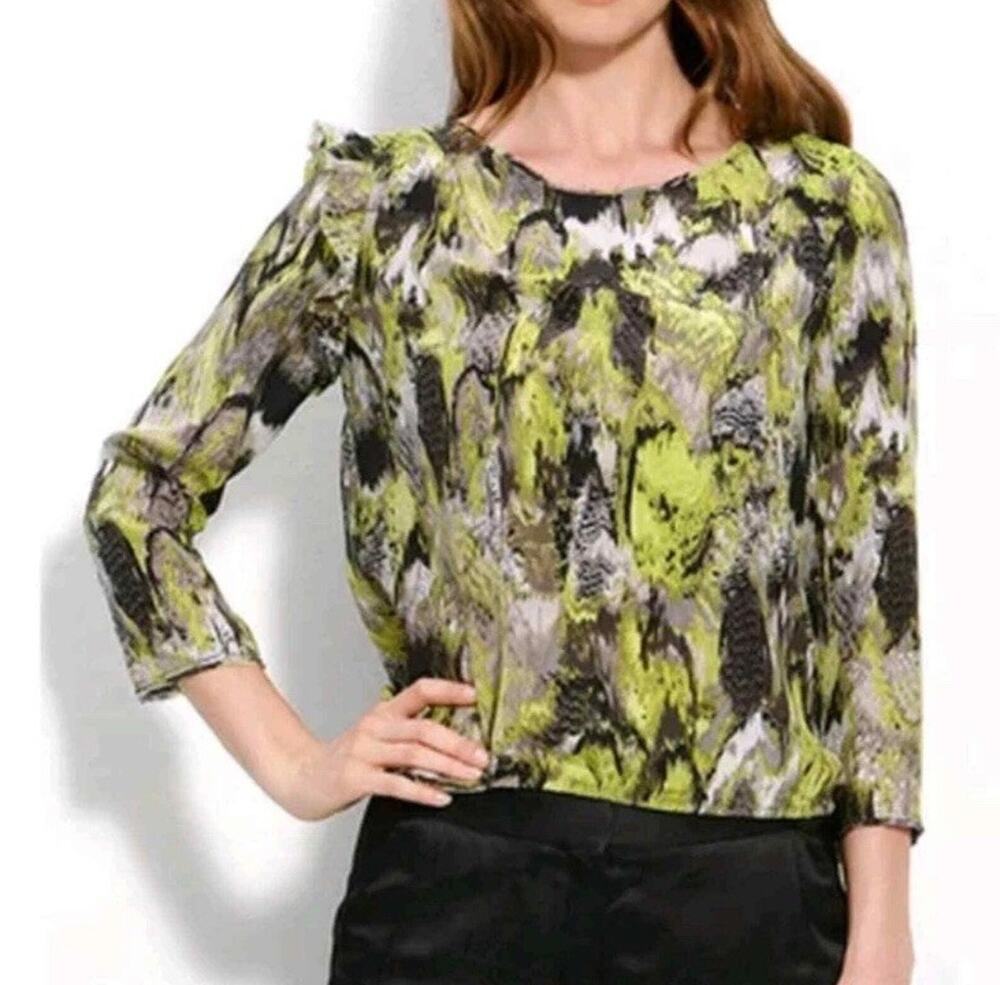 BCBGMAXAZRIA Elma Drape Lime Gray Black Abstract Feather Silk Blouse Top Medium